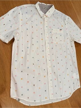 Vans White Short Sleeve Button-Down Shirt with Multicolor Micro Icons NWOT